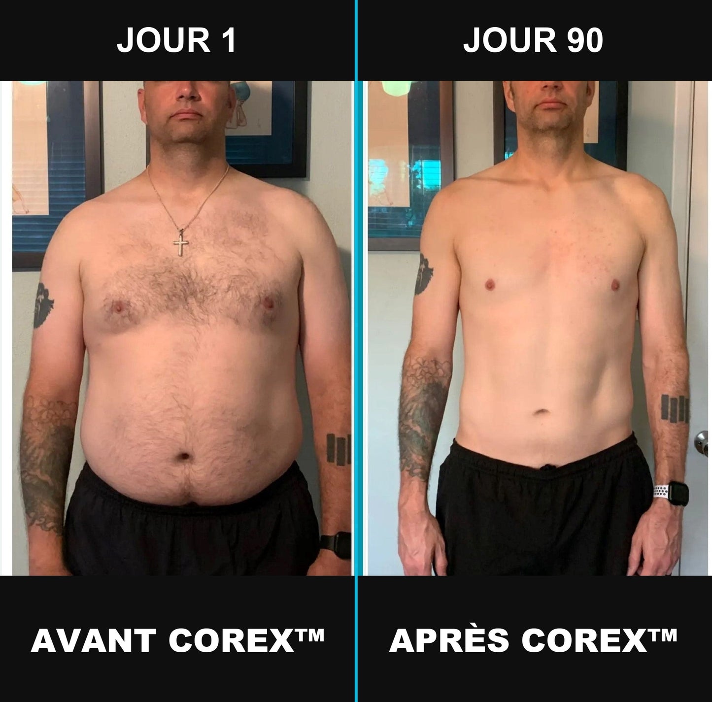 Avant après COREX™ 4.0 — résultat ventre plat et silhouette homme dès le premier port