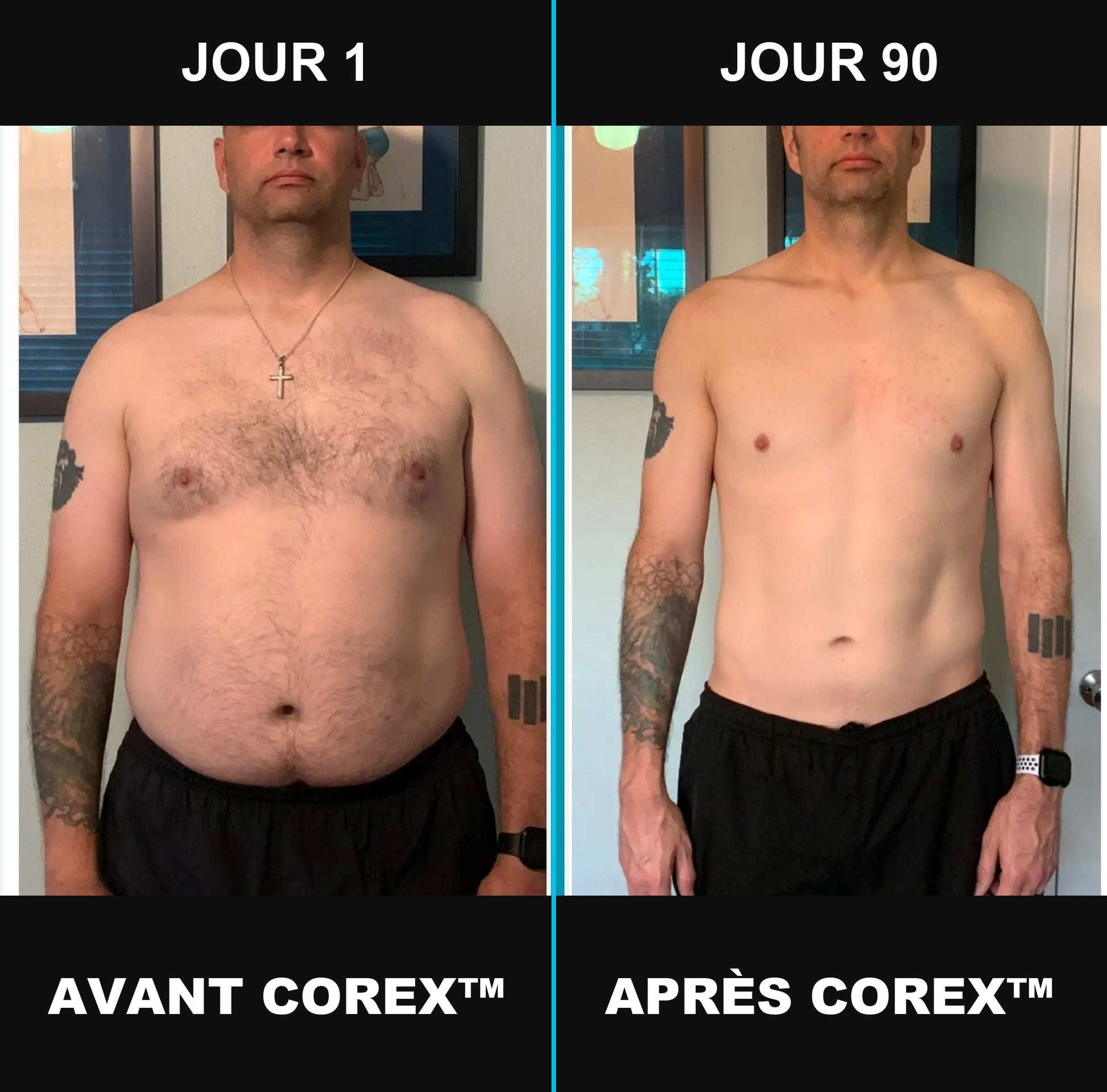 Avant après COREX™ 4.0 — résultat ventre plat et silhouette homme dès le premier port