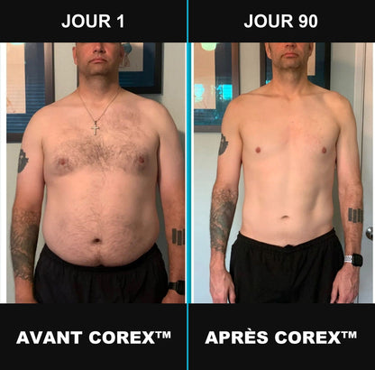Avant après COREX™ 4.0 — résultat ventre plat et silhouette homme dès le premier port